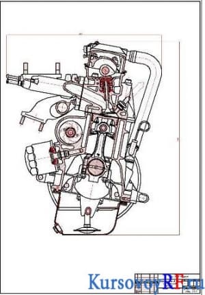 Чертеж двигателя ВАЗ-2108 в поперечном разрезе (формат А4)