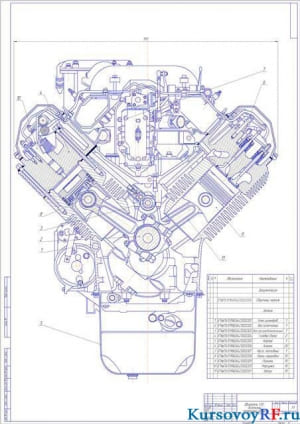 Чертеж  двигатель V10 дизельный  поперечный разрез  (формат А 1 )