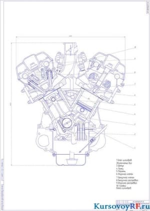 Чертеж поперечный разрез двигателя 6G74 (формат А0)