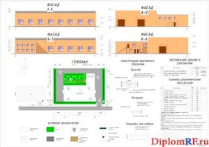 Генеральный план и фасады станции технического обслуживания (формат А0)
