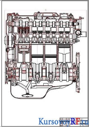 Чертеж двигателя ВАЗ-2108 в продольном разрезе (формат А4)
