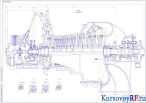 Чертеж турбины паровой типа К-14-3,5 (продольный разрез)