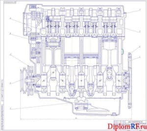 Чертеж разреза продольного двигателя (формат А1)