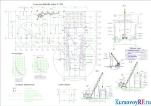  Схема производства работ, График грузоподъёмности крана КС-4561, График грузоподъёмности крана Э-2503, Схема здания, Таблица масс