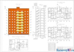 Чертеж фасад в осях, разрез 1-1, мебельная обстановка квартиры, план первого и второго этажа
