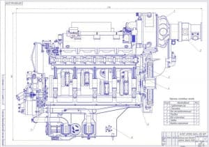 Чертёж общего вида продольного разреза двигателя (формат А1)