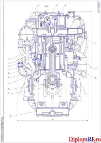 Чертеж разреза поперечного двигателя (формат А1)