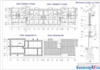 План 1, план типового этажа, план фундамента, план перекрытия, разрез по стене