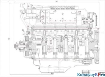 Чертеж  двигатель V10 дизельный  продольный разрез (формат А 1 )