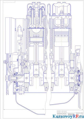 Чертеж продольный разрез двигателя Д-144 (формат А1)
