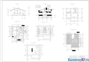 План первого этажа, план мансардного этажа, план кровли, план перекрытия, план фундамента, разрез А-А, фасад 1-6