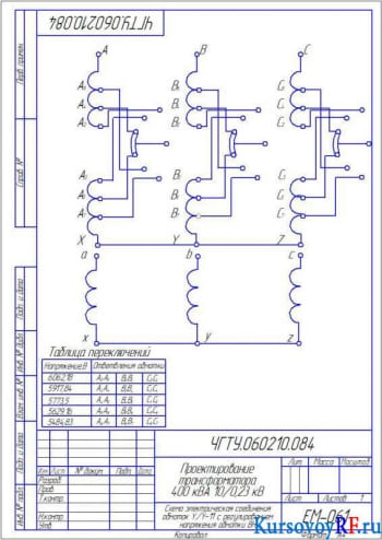 Схема электрическая соединения обмоток Y/Y-11 с регулированием напряжения обмотки ВН