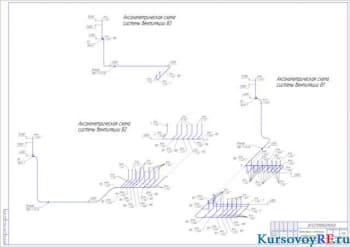 Чертеж вентиляции и отопления гальванического цеха (аксонометрические схемы системы вентиляции В1,В2,В3)