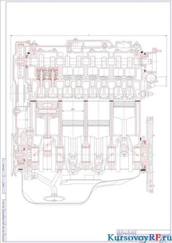 Чертеж продольный разрез двигателя ВАЗ-2109 (формат А 1)