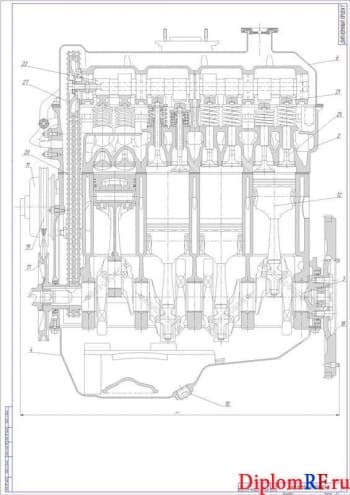 Чертеж двигателя и его разреза продольного (формат А1)